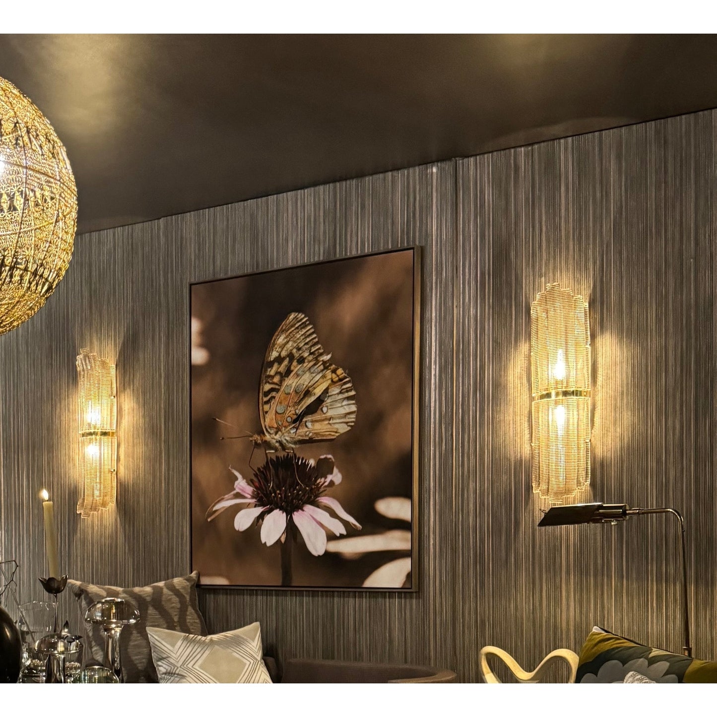 Modern Italian Pair of Smoked Texture Murano Glass Brass Wall / Ceiling Lights