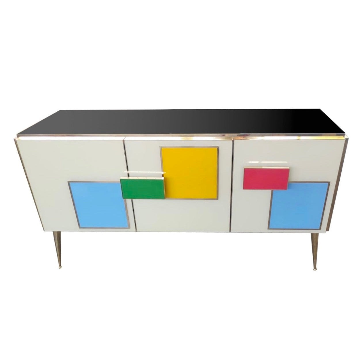 Custom Italian White Black Blue Yellow Geometric Postmodern Cabinet/Sideboard