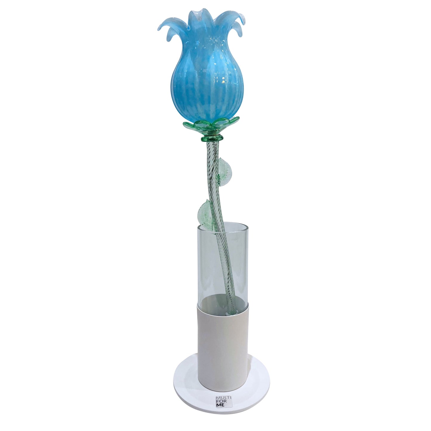 Italian Organic Modern Turquoise Blue Art Glass Lit Flower White Vase/Table Lamp