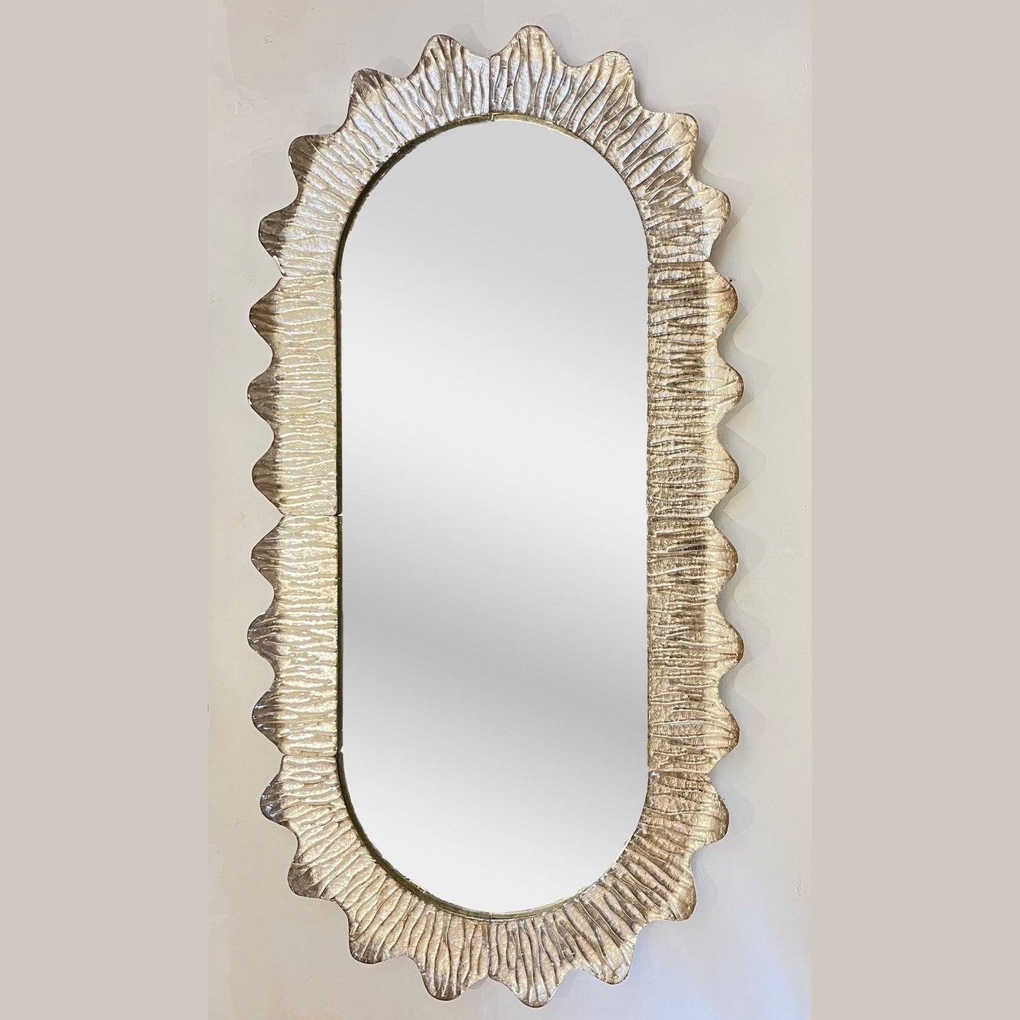 Modern Italian Art Deco Style Curved Ivory Cream Murano Glass Brass Oval Mirror