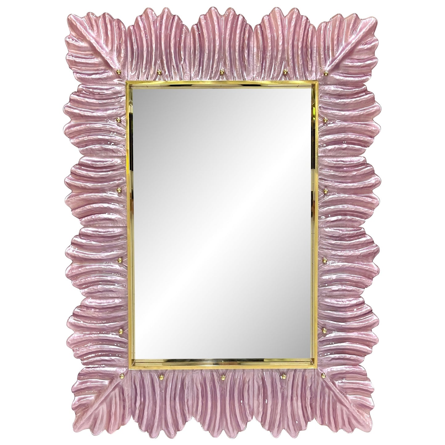 Bespoke Italian Modern Leaf Design Pearl Pink Crystal Murano Glass Brass Mirror