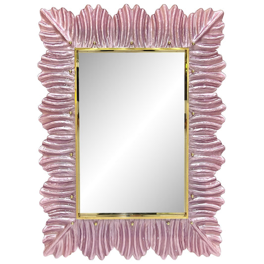 Italian Modern Leaf Design Pearl Pink Crystal Murano Glass Large Brass Mirror