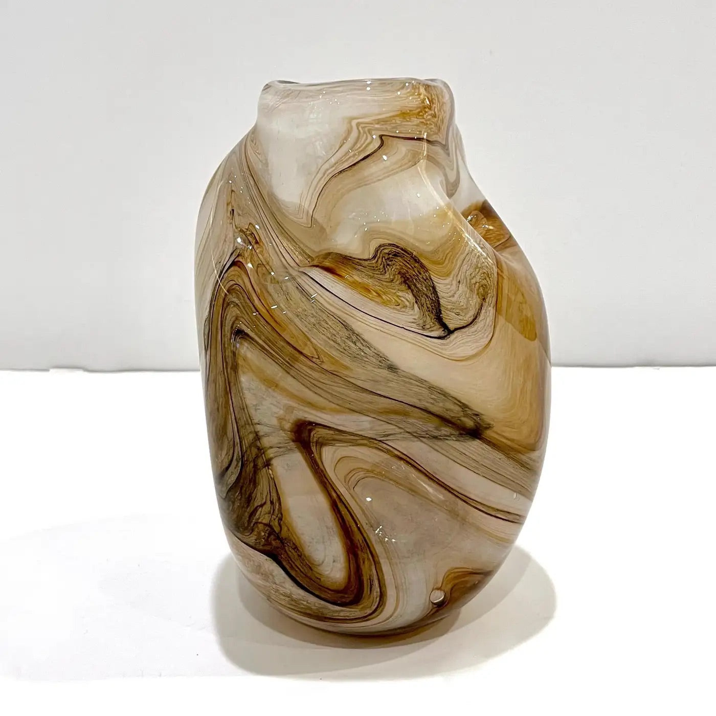 Vintage Italian Sculptural Organic Marbleized Lace Brown Beige Murano Glass Vase