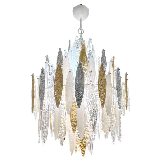 Modern Italian Silver Gold Frosted White Crystal Murano Glass Icicle Chandelier