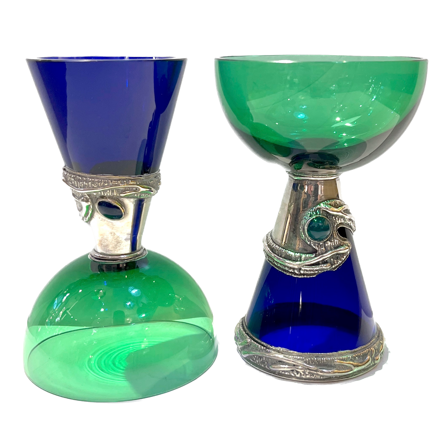 1980 Domar Israel Art Nouveau Style Green Cobalt Blue Glass Silver Vase Glasses