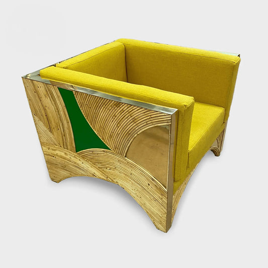 Contemporary Italian Rattan Armchair with Green Brass Details & Yellow Fabric
