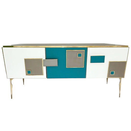 Modern Italian Ivory Gray Teal Blue Geometric Postmodern Brass Cabinet Sideboard