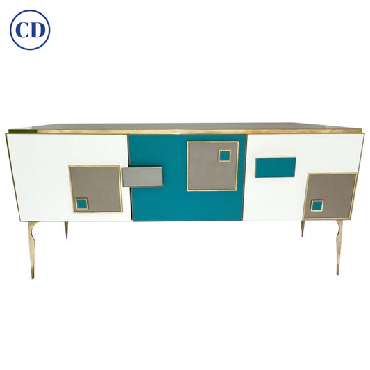 Modern Italian Ivory Gray Teal Blue Geometric Postmodern Brass Cabinet Sideboard