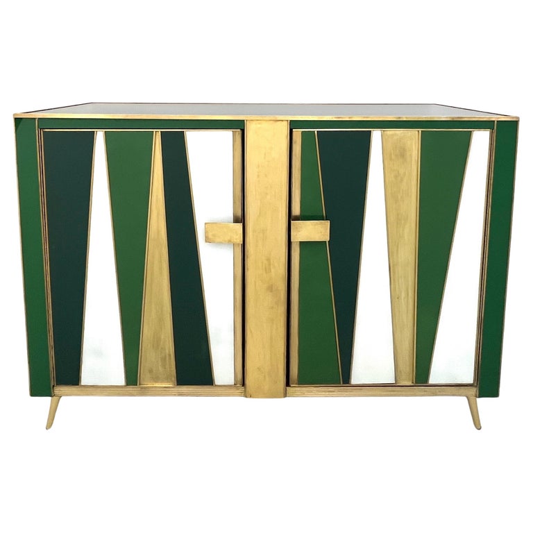 Vintage Italian Post Modern 2-Door Green White Brass Murano Glass Sideboard