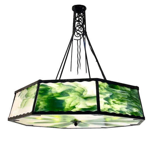 1930s Italian Art Deco White Green Murano Glass Black Iron Chandelier Lantern