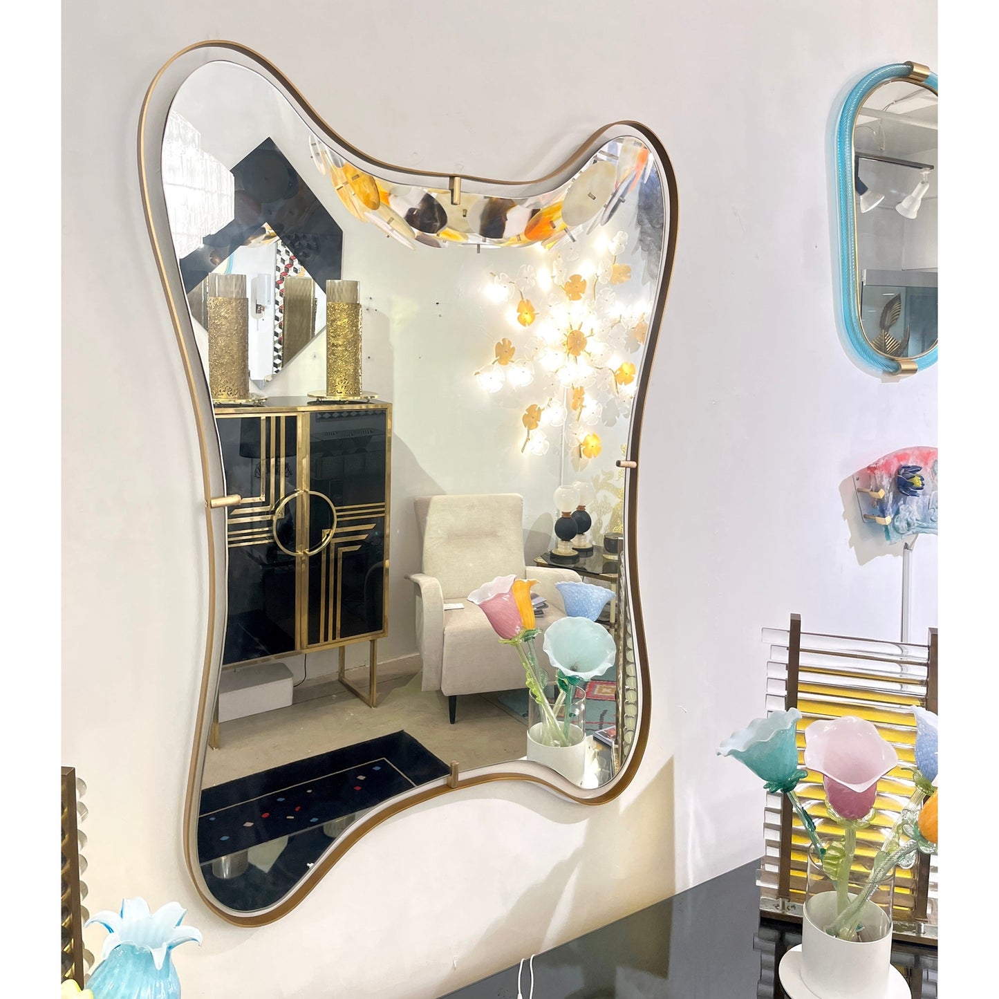 Modern Italian Minimalist Brass Mirror with Organic Asymmetric Curved Frame