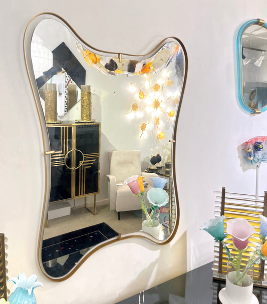 Modern Italian Minimalist Brass Mirror with Organic Asymmetric Curved Frame