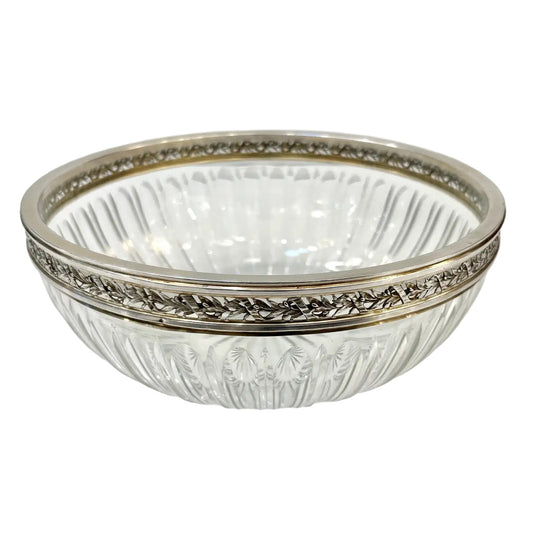 Antique French Neoclassical Foliage Decor Silver Plated Rim Cut Crystal Bowl