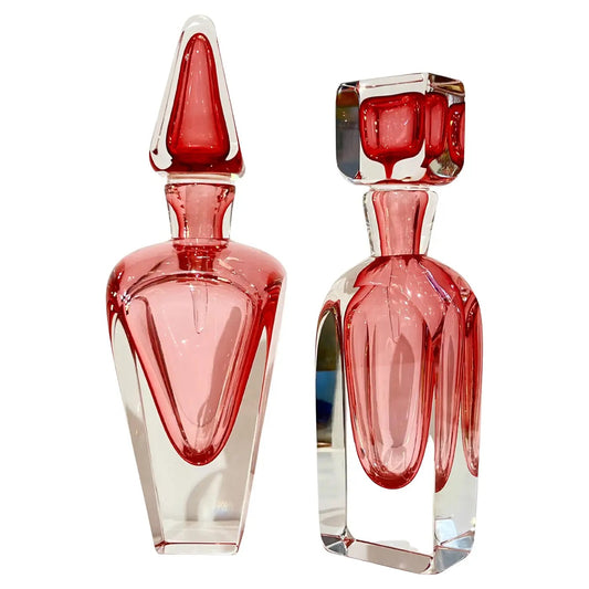 Modern Italian Fuchsia Coral Pink Crystal Murano Glass Set of 2 Tall Bottles