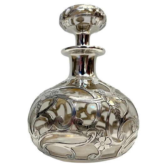 French Art Deco Sterling Silver Flower Overlay Crystal Glass Perfume Bottle