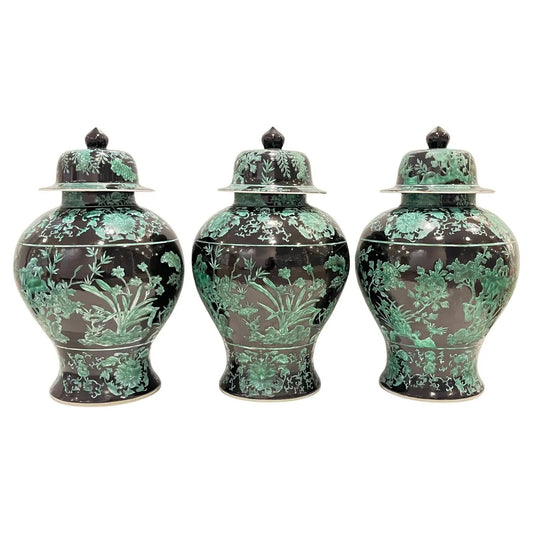 Set 3 Mid-20th Century Chinese Export Black Green Tall Baluster Jars with Cover