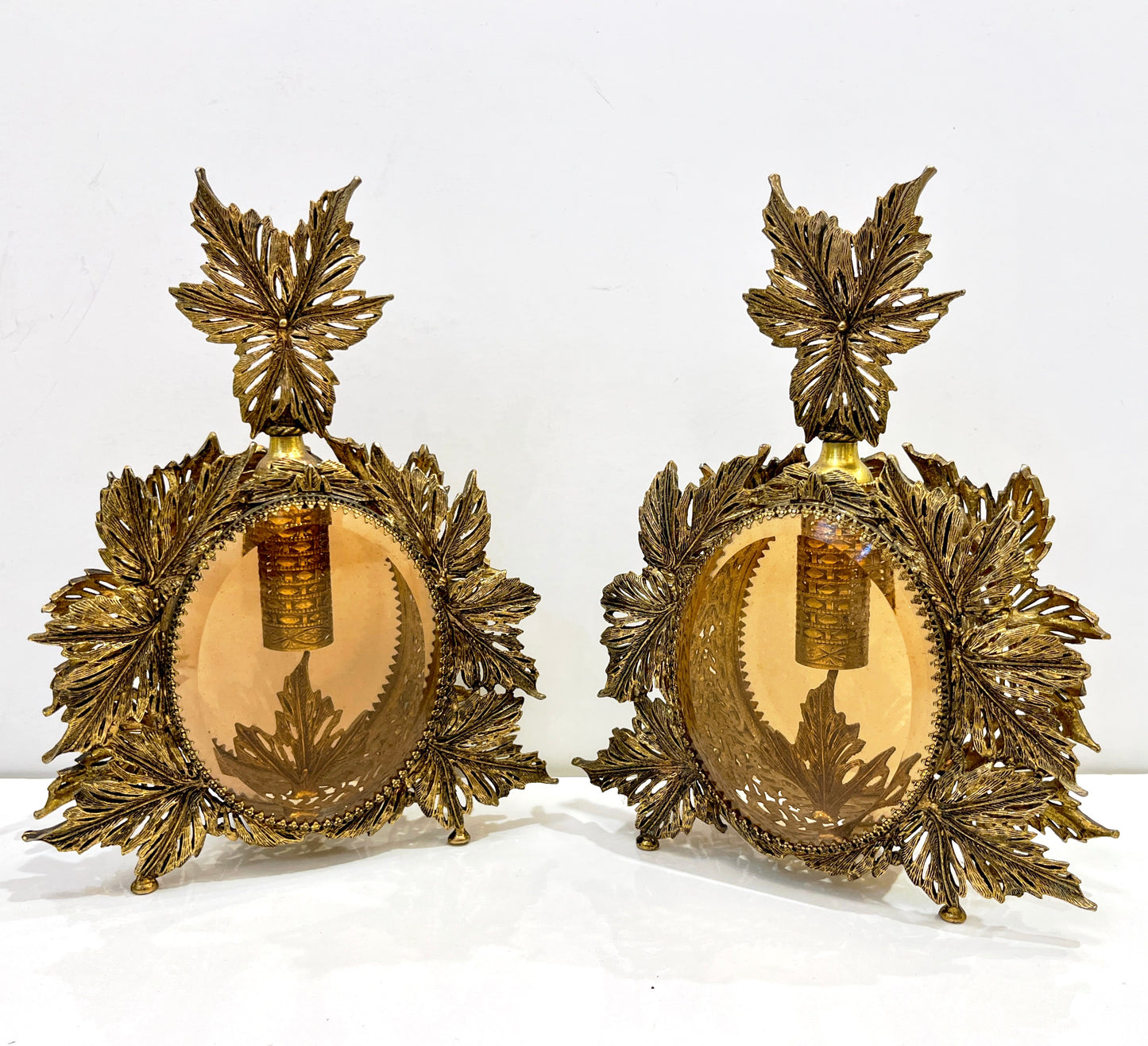 Antique French Pair of Gilt Brass Filigree & Glass Rococo Style Perfume Bottles