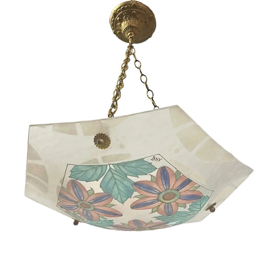 1930 French White Turquoise Pink Enamel Art Glass Brass Chain Pendant Chandelier