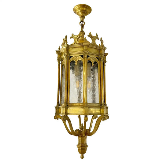 1860 French Antique Gothic Revival Cast Brass Pendant Lantern With Arch Windows