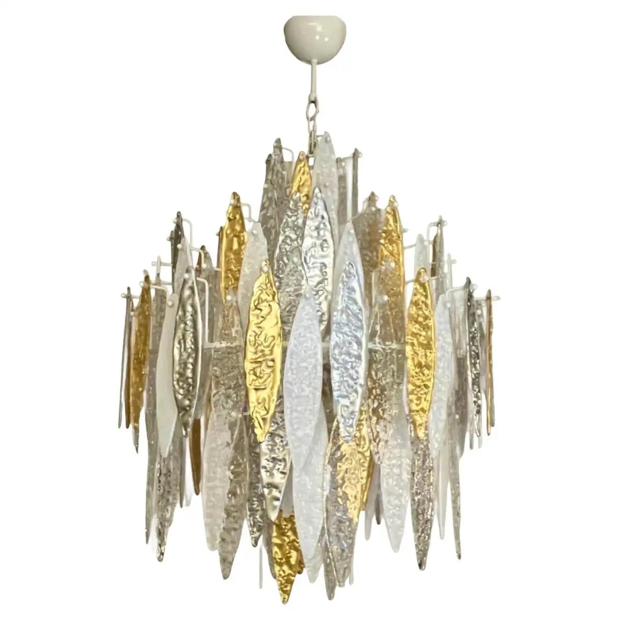 Modern Italian Silver Gold Frosted White Crystal Murano Glass Icicle Chandelier