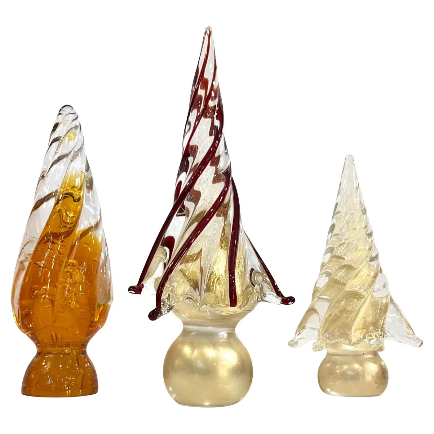 Signed 3 Italian Vintage Gold Amber Red Murano Glass Christmas Tree Sculptures