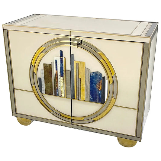 Italian Bespoke Modern Ivory Cabinets with Blue Gold White New York City Outline