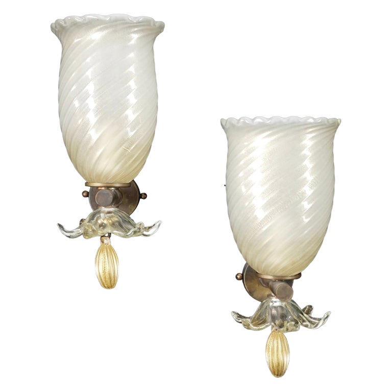 1960 Seguso Italian Art Deco Design Crystal Gold Murano Glass Brass Bowl Sconces