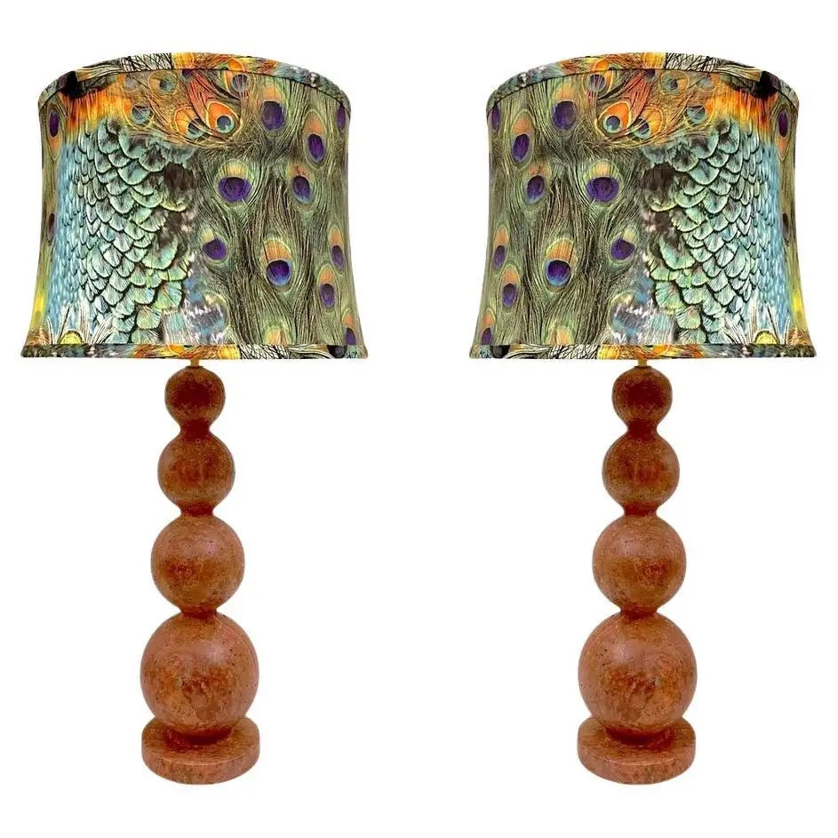 Italian Art Deco Style Pair of Red Travertine Sphere Table Lamps Peacock Shades