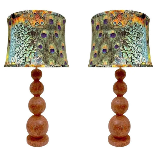 Italian Art Deco Style Pair of Red Travertine Sphere Table Lamps Peacock Shades