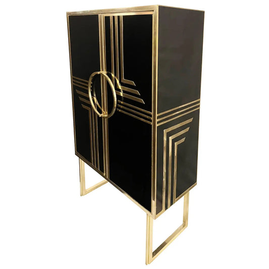 Black cabinet with gold geometric design and legs on a white background