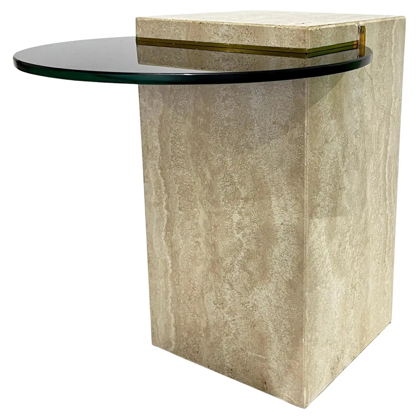 Italian Modern Beige Travertine Black Glass Brass Geometric Organic Side Table