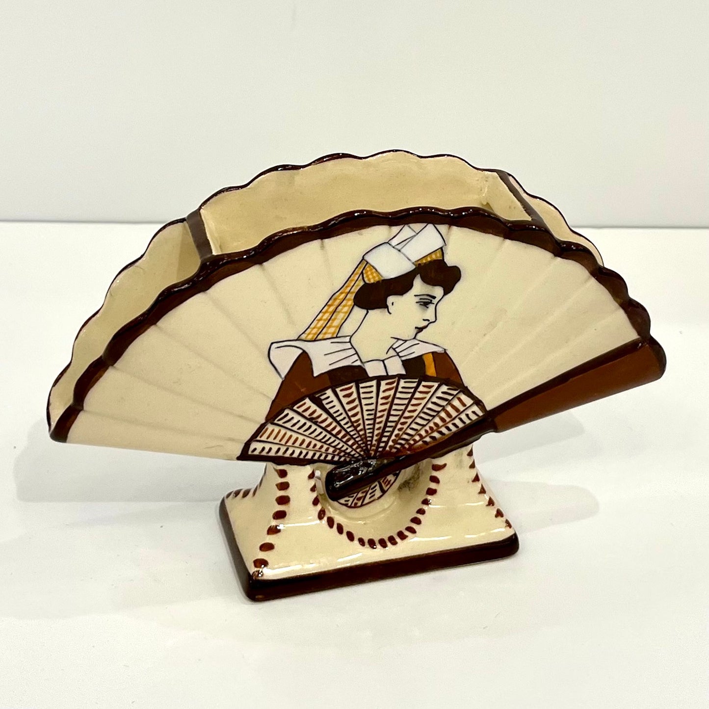 1930s French Signed Henriot Quimper Faience Yellow Fan Breton Man Woman Decor