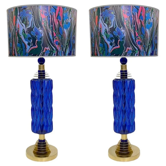 Contemporary Italian Modern Pair of Cobalt Blue Murano Glass Brass Table Lamps