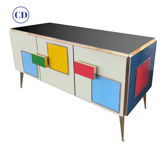 Custom Italian White Black Blue Yellow Geometric Postmodern Cabinet/Sideboard