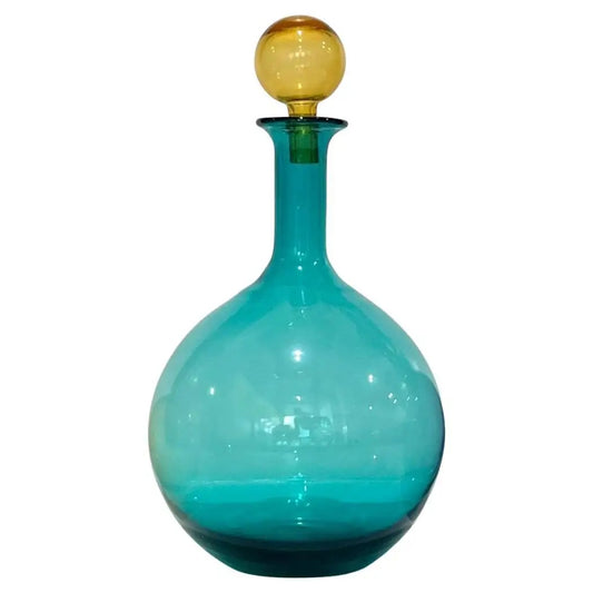1980s Italian Tall Bright Colorful Light Blue Amber Murano Glass Modern Bottle
