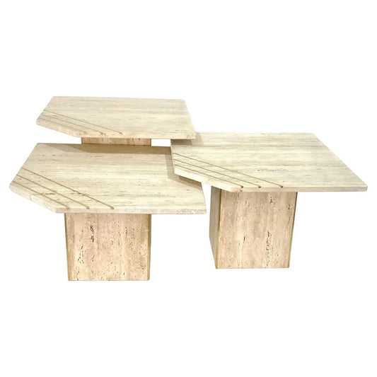 Italian Contemporary Modern Travertine Nesting Tables Set with Brass Insets