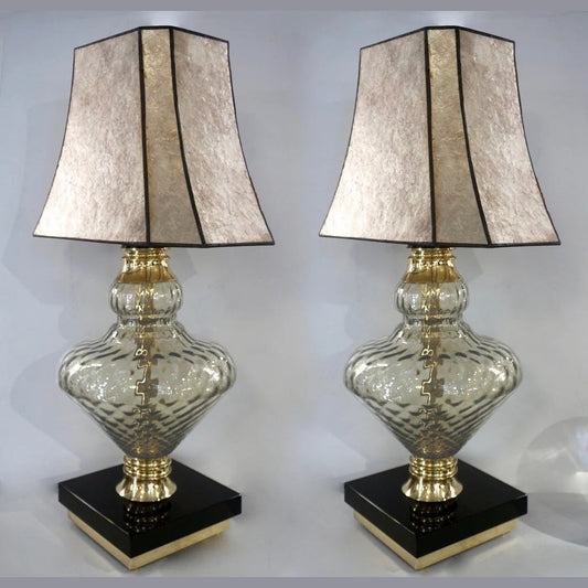 1980 Italian Vintage Pair of Smoked Murano Glass Lamps with Black & Brass Accent