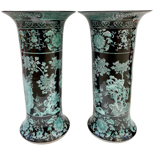 Pair Mid-20th Century Chinese Export Jet Black Green Porcelain Tall Roll Vases