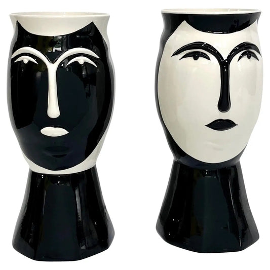 Vintage Italian Bassano Ceramic Pair of Black White Faces Bust Shape Large Vases