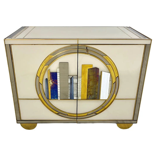 Italian Bespoke Modern Ivory Cabinets with Grey Gold White New York City Outline