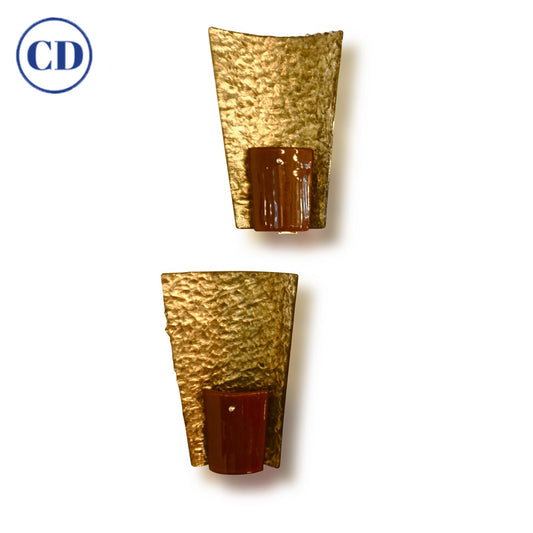 Contemporary Italian Pair of Gold and Amber/Orange Murano Glass Organic Sconces