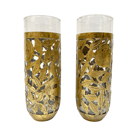1960s Mexican Pair Drinking Glasses Encased in Etched Cutwork Floral Brass Decor