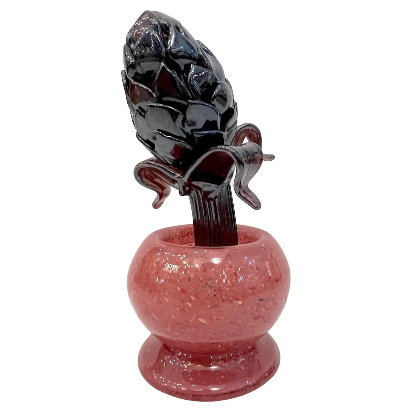 2000 Italian Dark Purple Murano Art Glass Artichoke Flower Plant in Red Pink Pot