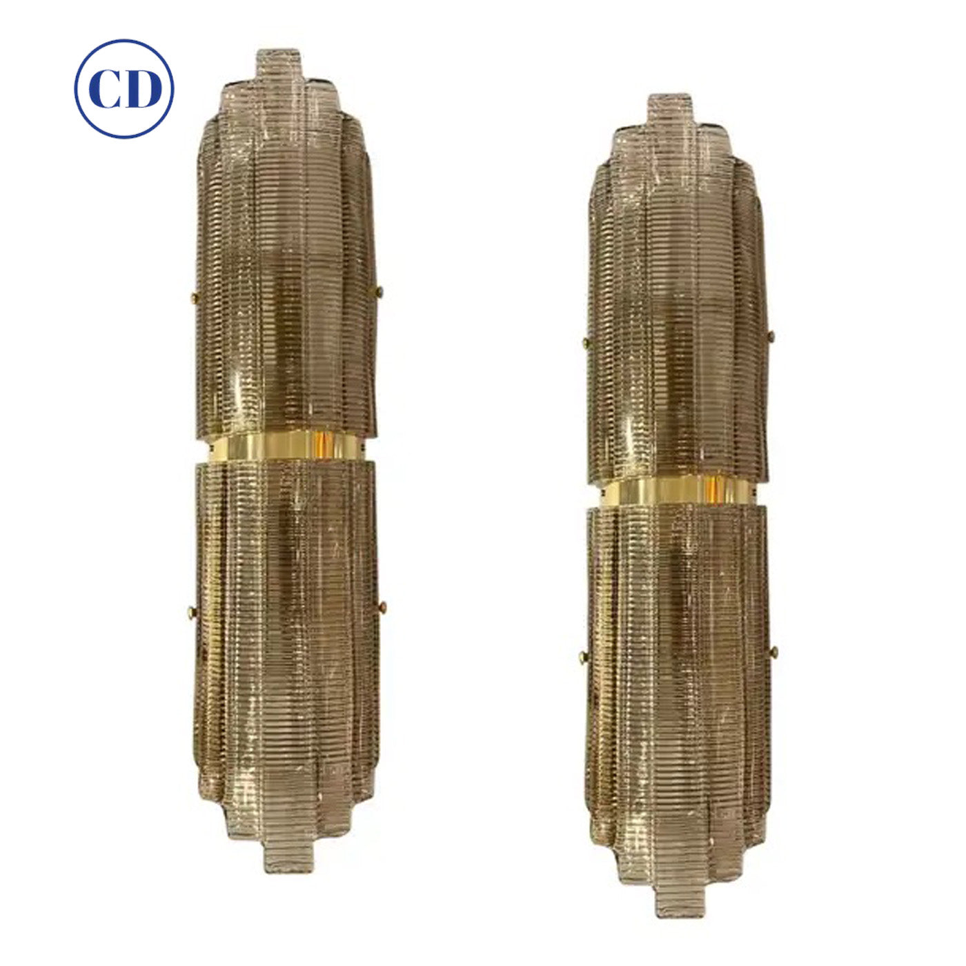 Modern Italian Pair of Smoked Texture Murano Glass Brass Wall / Ceiling Lights