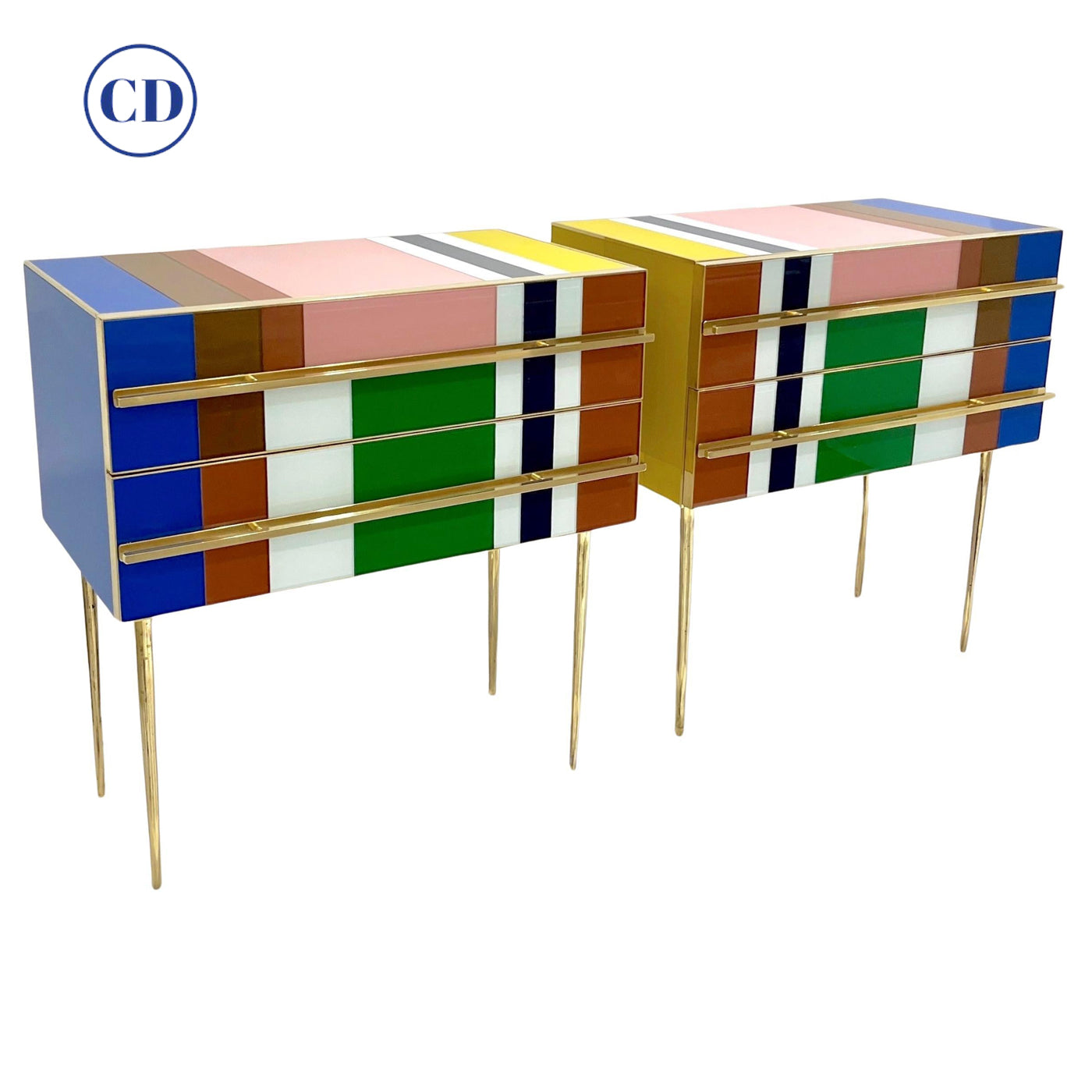 Bespoke Italian Pair of Mondrian Style Blue Green Yellow Chests / End Tables