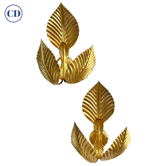 Contemporary Italian Art Deco Design Pair of Hand Made Gold Metal 3-Leaf Sconces
