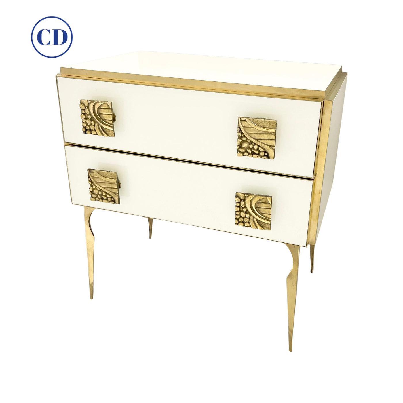 Italian Art Deco Design Modern Cream White Glass 2-Drawer Brass Nightstand/Chest