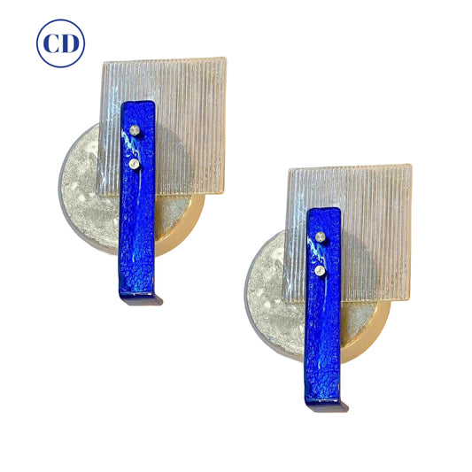 Italian Pair Champagne Silver Blue Crystal Murano Glass Abstract Design Sconces