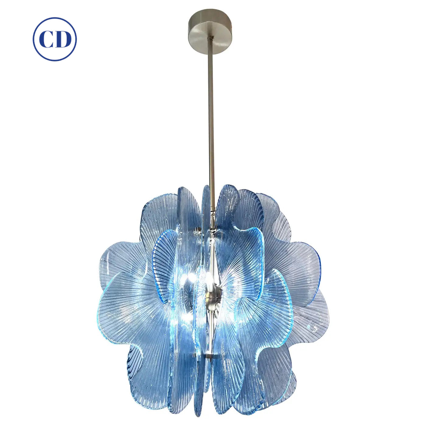 Modern Italian Wavy Blue Textured Murano Glass Satin Nickel Pendant/Chandelier