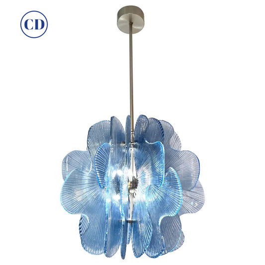 Modern Italian Wavy Blue Textured Murano Glass Satin Nickel Pendant/Chandelier